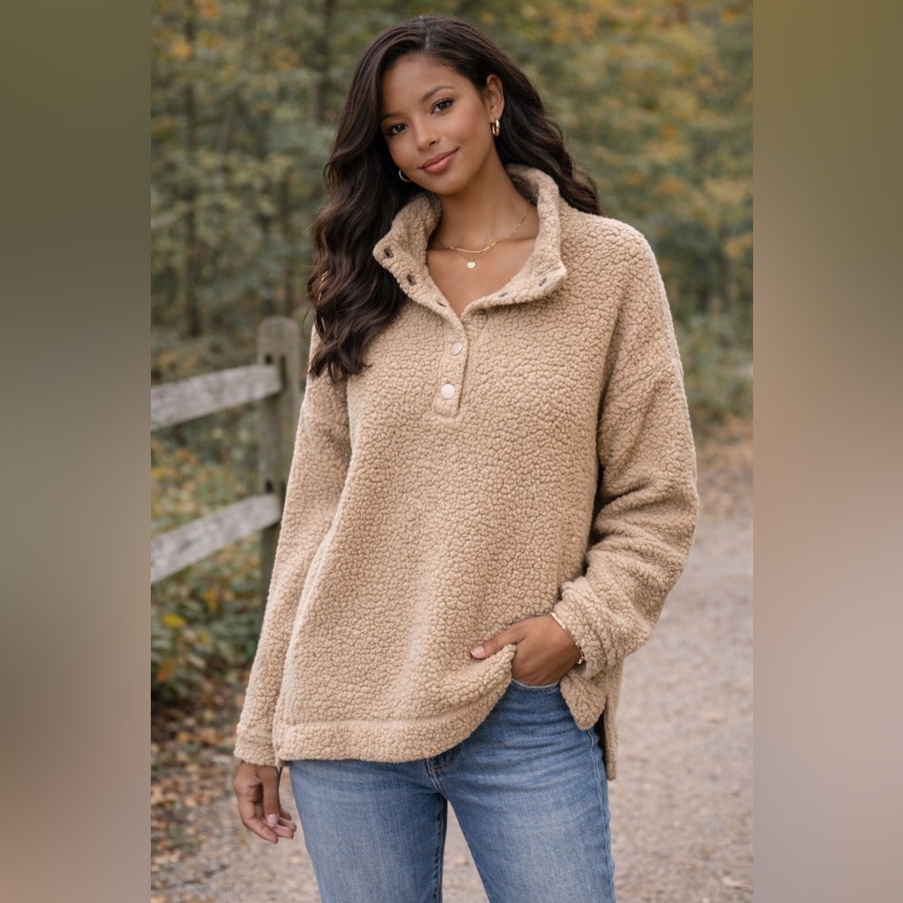 aerie Camel Teddy Snap‑Placket Pullover Jacket